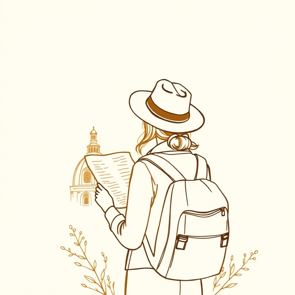 Ilustración lineal de un turista con mapa frente a monumentos históricos, buscando relatos de audio independientes y crónicas culturales en México