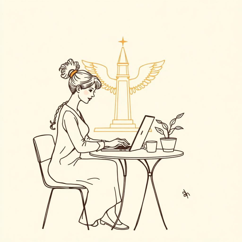 Ilustración de una nómada digital trabajando en su laptop con el Ángel de la Independencia al fondo, buscando conectar con la cultura local a través de relatos históricos en audio