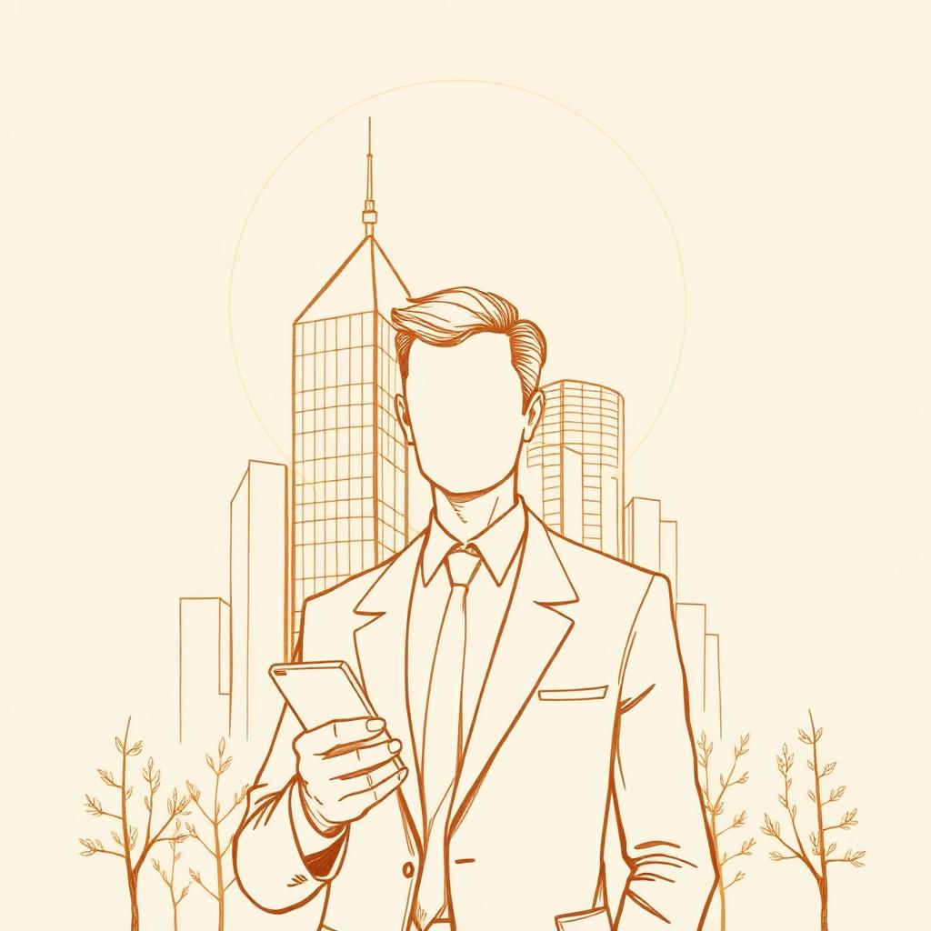 Ilustración de un ejecutivo de negocios revisando su teléfono, buscando entender el entorno histórico y el contexto cultural de México mediante audio relatos independientes