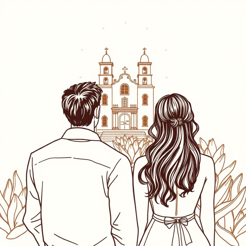 Ilustración de una pareja mexicana contemplando una iglesia histórica, redescubriendo su patrimonio nacional con audio relatos culturales al oído