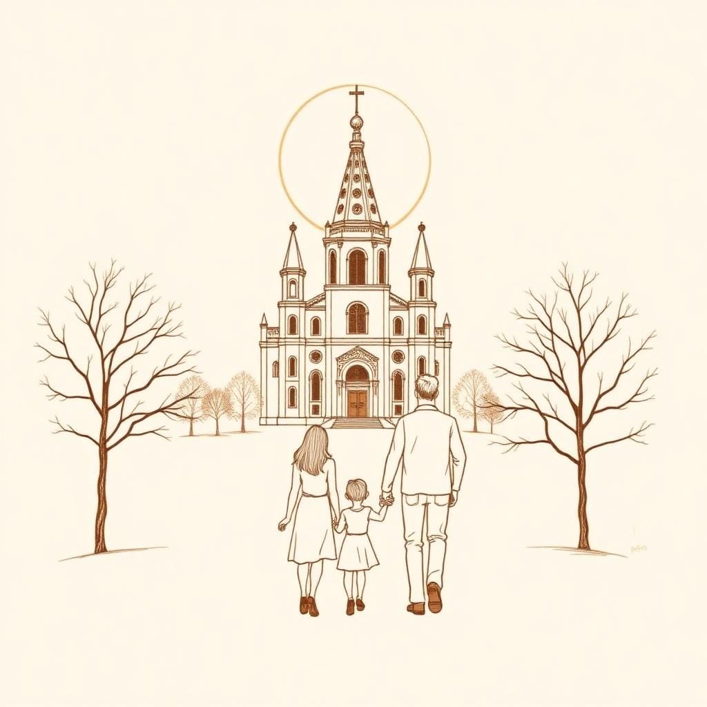 Ilustración de una familia paseando frente a una catedral histórica, buscando experiencias culturales compartidas a través de narraciones de audio inspiradoras
