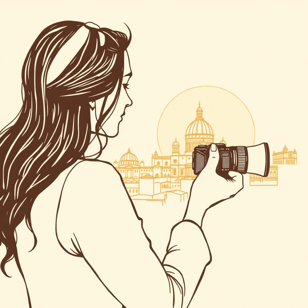 Ilustración de una persona tomando una fotografía al paisaje urbano, apasionada por descubrir los secretos profundos y la riqueza cultural de México
