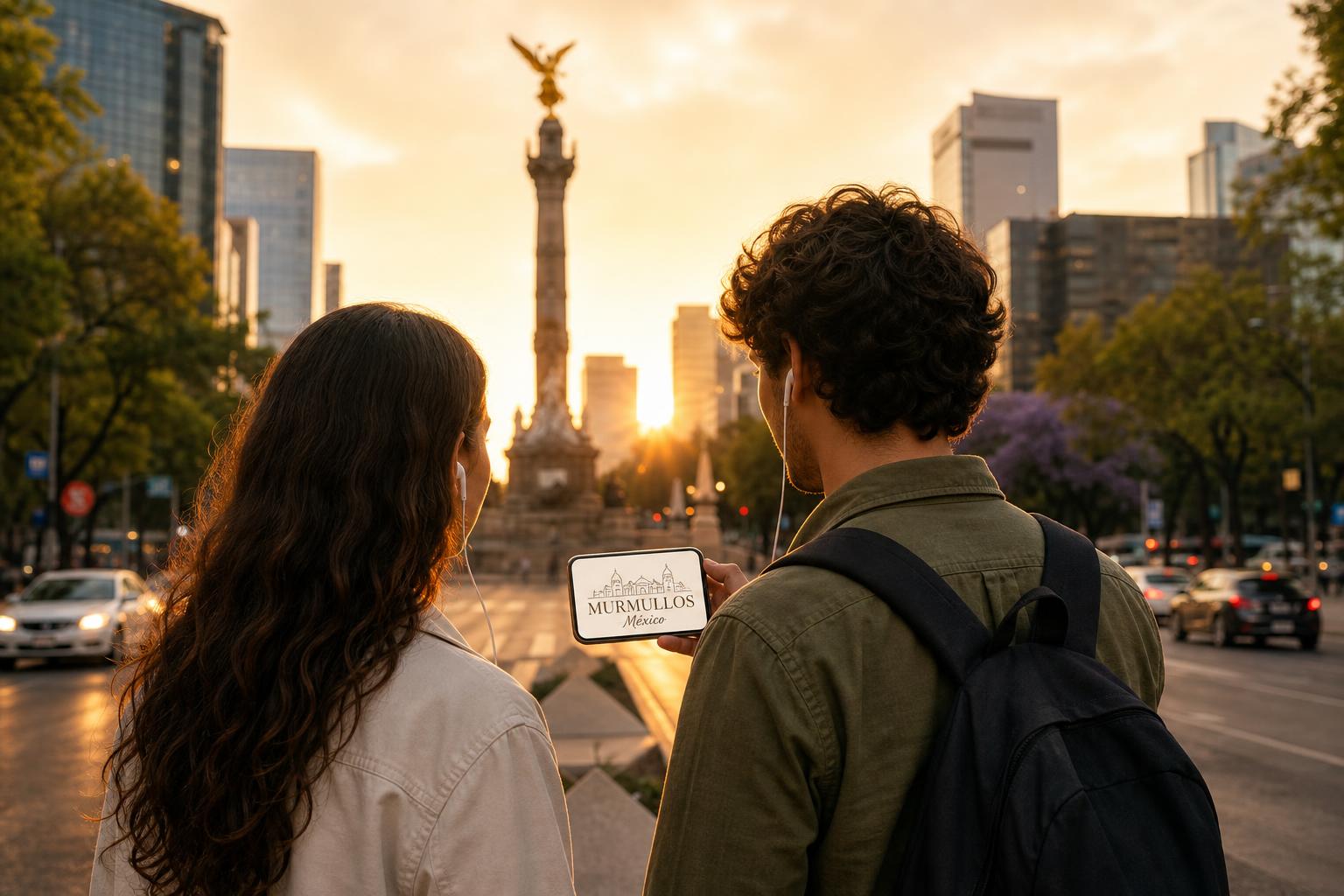 Pareja de viajeros mirando el Ángel de la Independencia al atardecer en la Ciudad de México con la app Murmullos