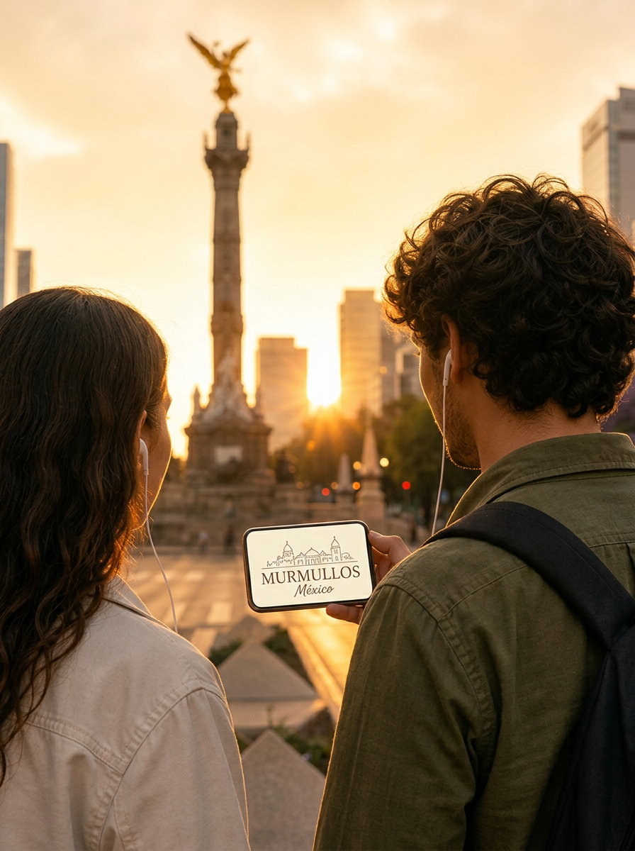 Pareja de viajeros mirando el Ángel de la Independencia al atardecer en la Ciudad de México con la app Murmullos